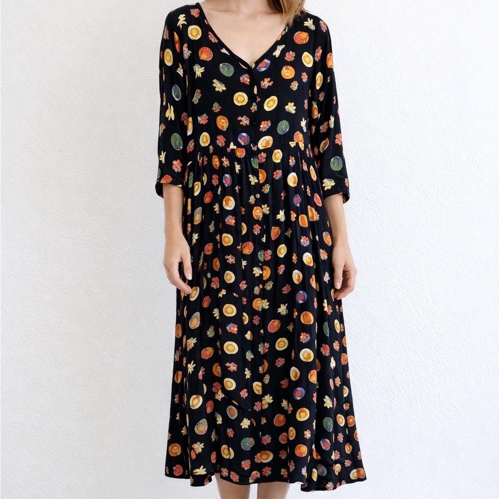 Vintage 90s Neo Romantic Hat Printed Scoop Neck Long Sleeve Maxi Dress Medium
